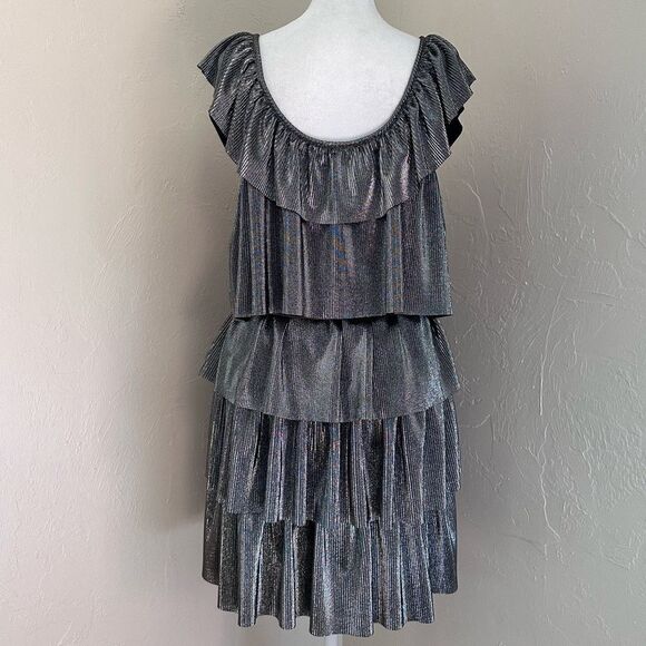 Michael Michael Kors Tiered Metallic Silver Ruffle Plisse Mini Dress Size L - Picture 5 of 13